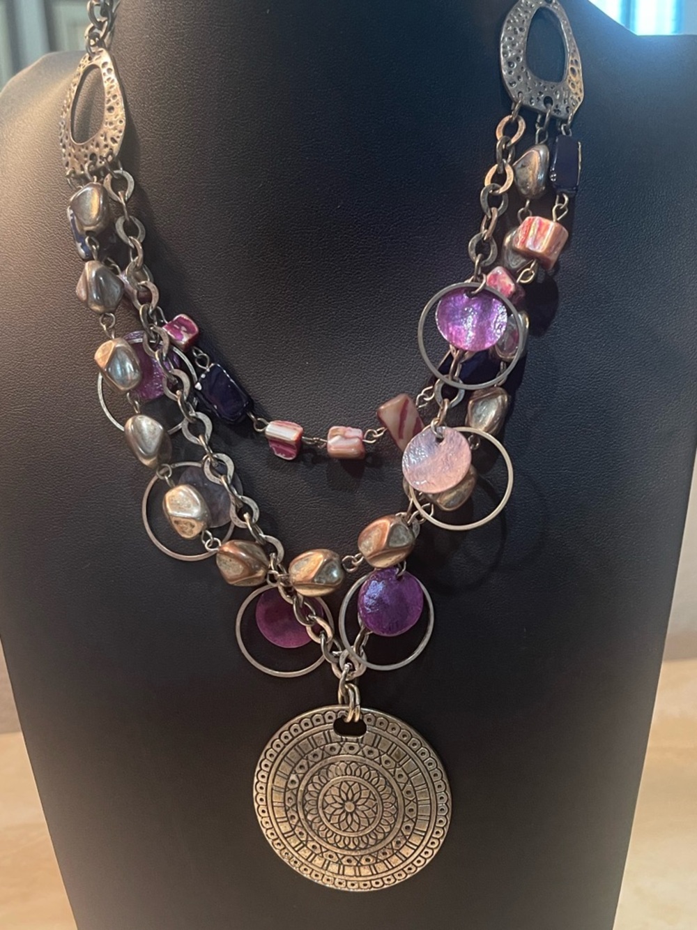 Boho Multi-Strand Purple Pendant Necklace
